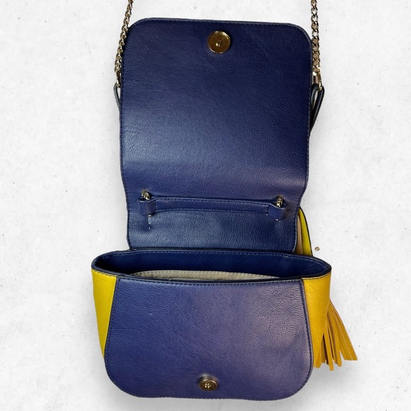 Kate Landry Navy Blue Mustard Yellow Faux Leather Magnetic Crossbody Bag‎ Purse - Picture 11 of 14